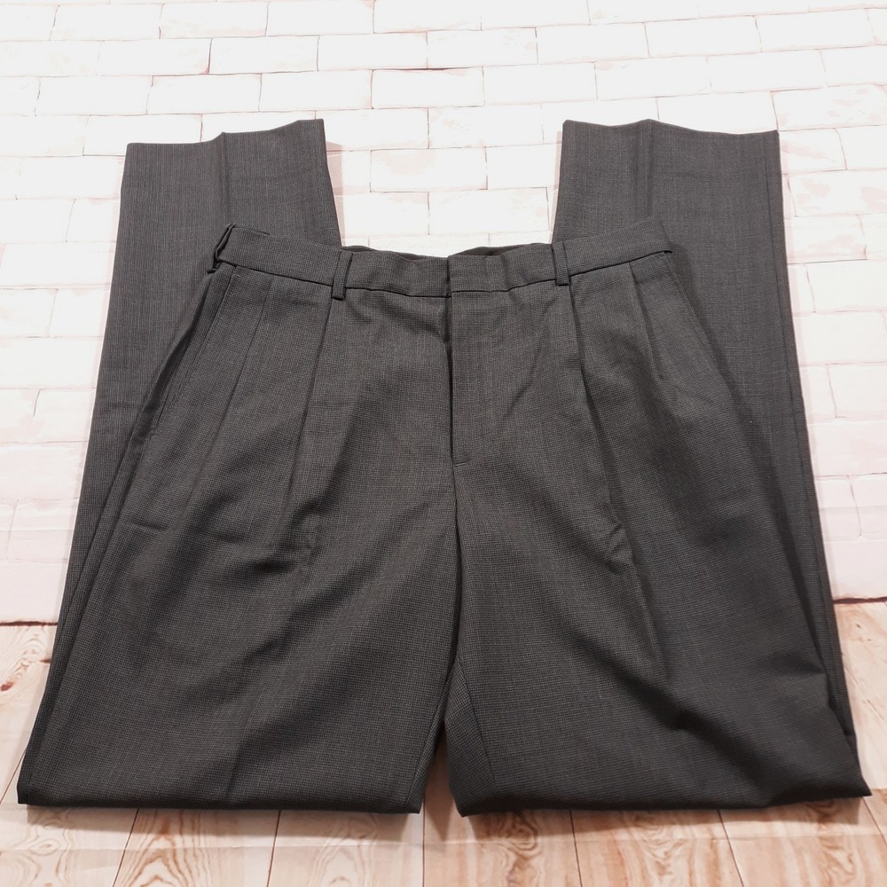 Lands' End Dress Pants Mens 34 x 35 Dark Gray Wool Pleated Front Elastic Waist